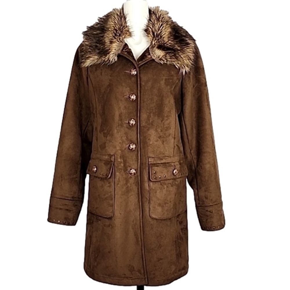 Centigrade Women's Long Button Down Faux Suede Faux Fur Trim Coat Brown Plush M